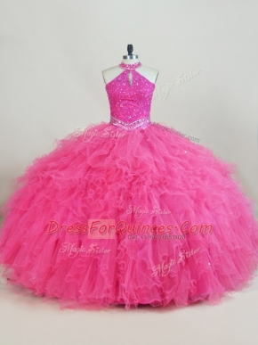 Ball Gowns 15th Birthday Dress Hot Pink Halter Top Tulle Sleeveless Floor Length Lace Up