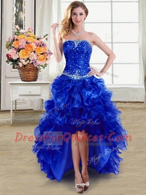Eye-catching High Low Royal Blue Prom Dress Organza Sleeveless Beading and Ruffles