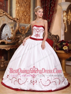 White Ball Gown Strapless Floor-length Satin Embroidery Quinceanera Dress