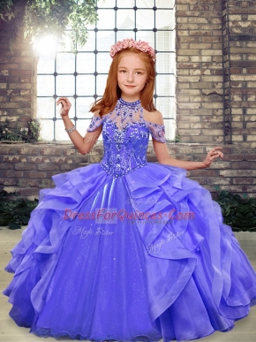 Inexpensive Blue Halter Top Lace Up Beading and Ruffles Little Girl Pageant Dress Sleeveless