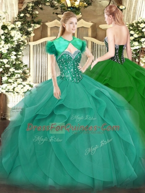 Turquoise Quinceanera Gowns Military Ball and Sweet 16 and Quinceanera with Beading and Ruffles Sweetheart Sleeveless Lace Up