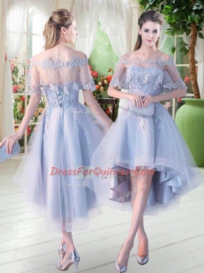 Light Blue A-line Appliques Dress for Prom Lace Up Tulle Half Sleeves High Low