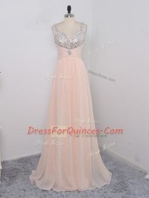 Spectacular Chiffon Straps Sleeveless Zipper Sequins Prom Dresses in Peach