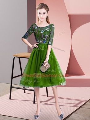 Adorable Scoop Half Sleeves Lace Up Dama Dress for Quinceanera Green Tulle