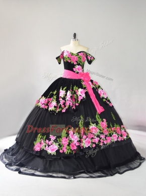 Dazzling Ball Gowns Sleeveless Black 15 Quinceanera Dress Brush Train Lace Up