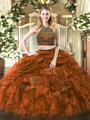 Fitting Brown Tulle Zipper 15 Quinceanera Dress Sleeveless Floor Length Beading and Ruffles