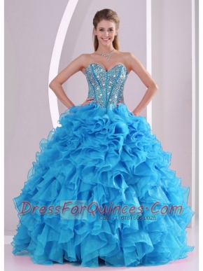 Sweetheart Beading and Ruffles Aqua Blue Best Quinceanera Dresses Organza Sweetheart