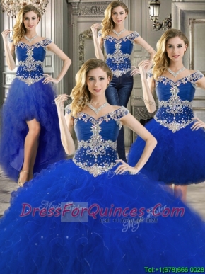 Gorgeous Off the Shoulder Royal Blue Detachable Quinceanera Dresses with Beading and Ruffles