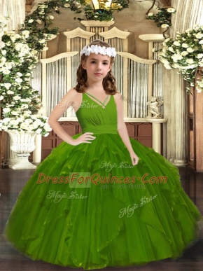 Sleeveless Floor Length Ruffles Zipper Pageant Dress Womens with Olive Green