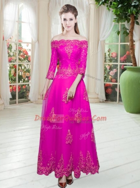 Fuchsia Lace Up Prom Gown Lace and Appliques 3 4 Length Sleeve Ankle Length