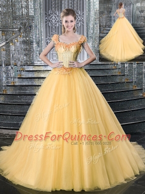 Chic Straps Tulle Sleeveless With Train Sweet 16 Dresses Brush Train and Beading