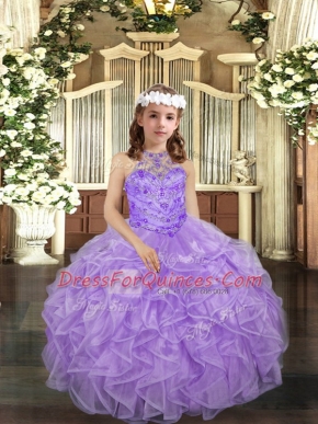 On Sale Lavender Lace Up Little Girl Pageant Gowns Beading and Ruffles Sleeveless Floor Length