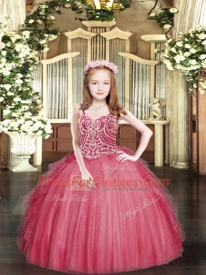 Simple Coral Red Sleeveless Tulle Lace Up Pageant Dress Toddler for Party and Quinceanera