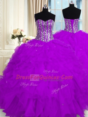 Suitable Purple Sweetheart Neckline Beading and Ruffles Quince Ball Gowns Sleeveless Lace Up