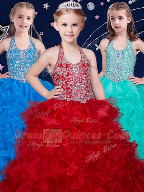Wine Red and Baby Blue and Turquoise Little Girls Pageant Gowns Quinceanera and Wedding Party and For with Beading and Ruffles Halter Top Sleeveless Zipper