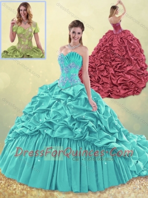 Discount Exquisite Brush Train Taffeta Quinceanera Dress in Aqua Blue