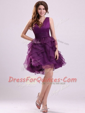 Purple Ball Gowns Organza V-neck Sleeveless Ruffles Floor Length Zipper Prom Dress