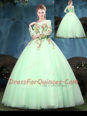 High End Scoop Apple Green Lace Up 15 Quinceanera Dress Appliques Long Sleeves Floor Length