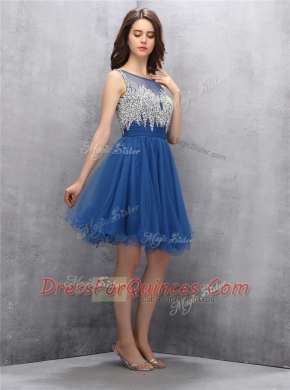 A-line Navy Blue Scoop Tulle Sleeveless Knee Length Zipper