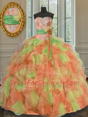 Fantastic Organza Sleeveless Floor Length 15 Quinceanera Dress and Beading and Ruffles and Sashes ribbons