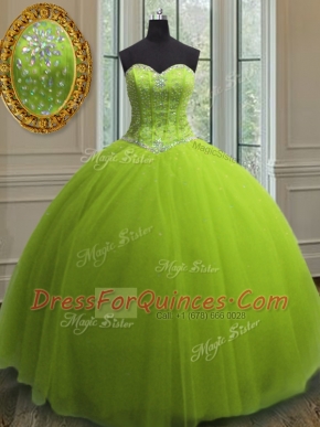 Yellow Green Sleeveless Floor Length Beading and Sequins Lace Up Quince Ball Gowns