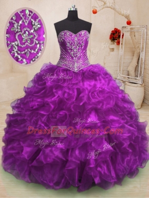 Purple Ball Gowns Sweetheart Sleeveless Organza With Train Sweep Train Lace Up Beading and Ruffles 15th Birthday Dress