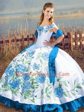 Glamorous Blue And White Off The Shoulder Lace Up Embroidery 15 Quinceanera Dress Sleeveless