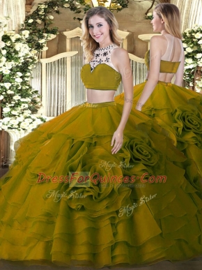 Suitable Olive Green High-neck Backless Beading and Ruffled Layers 15th Birthday Dress Sleeveless