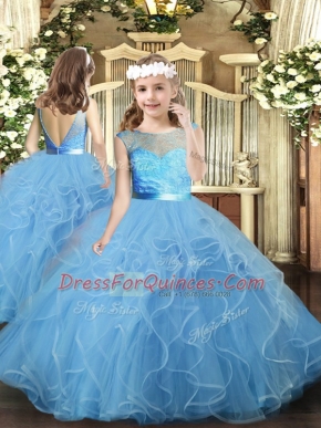 Enchanting Baby Blue Sleeveless Ruffles Floor Length Little Girl Pageant Dress