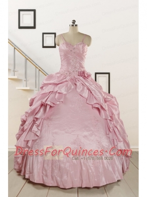 2015 Sweet Spaghetti Straps Beading Pink Quinceanera Dresses