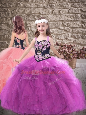 Purple Lace Up Child Pageant Dress Embroidery and Ruffles Sleeveless Floor Length