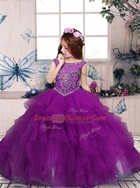 Nice Purple Ball Gowns Tulle Scoop Sleeveless Beading Floor Length Zipper Pageant Gowns For Girls