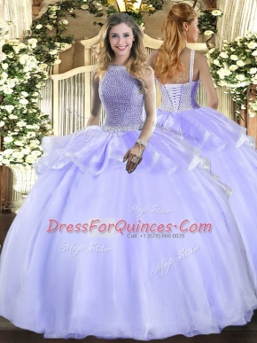 Customized Lavender Ball Gowns Square Sleeveless Organza Floor Length Lace Up Beading Sweet 16 Quinceanera Dress