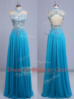 Chiffon High-neck Cap Sleeves Backless Beading and Lace Prom Party Dress in Baby Blue