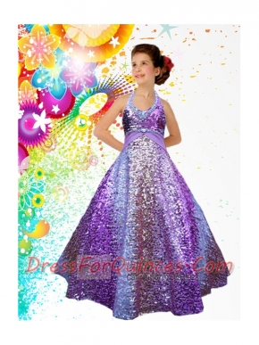 Unique A-Line Halter Floor-length  Little Girl Pageant Dress with Paillette