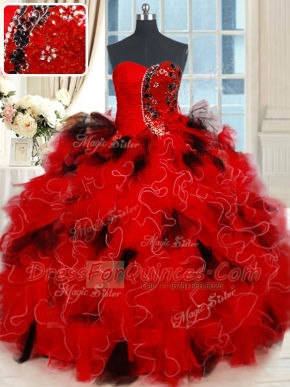 Inexpensive Floor Length Lace Up 15 Quinceanera Dress Black and Red for Military Ball and Sweet 16 and Quinceanera with Beading and Ruffles and Sequins
