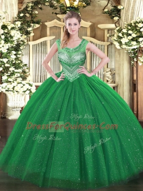 Dark Green Ball Gowns Beading and Sequins 15 Quinceanera Dress Lace Up Tulle Sleeveless Floor Length