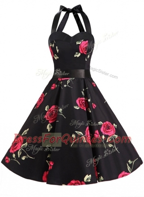 A-line Dress for Prom Black Halter Top Chiffon Sleeveless Knee Length Zipper