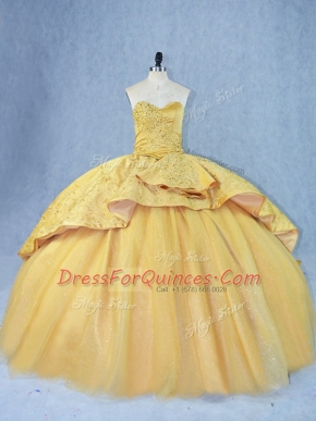 Custom Designed Beading and Appliques Quinceanera Gowns Gold Lace Up Sleeveless Court Train