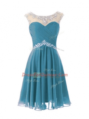 Teal Cap Sleeves Knee Length Beading Zipper Prom Party Dress