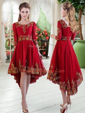 Scoop Long Sleeves Teens Party Dress High Low Embroidery Wine Red Satin