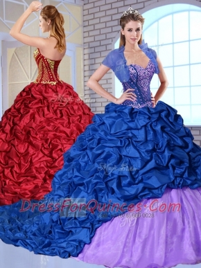 New Style Sweetheart Brush Train Pick Ups and Appliques Quinceanera Dresses