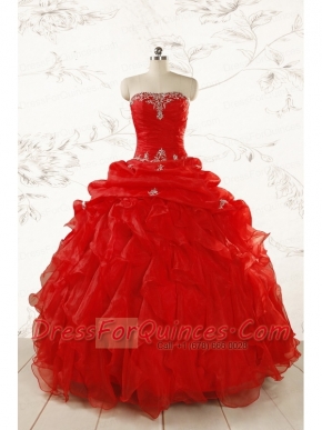 2015 Ball Gown Strapless Beading and Ruffles Red Sweet 15 Dresses