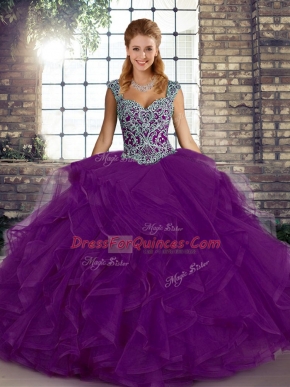 Fancy Tulle Straps Sleeveless Lace Up Beading and Ruffles Quinceanera Gowns in Purple