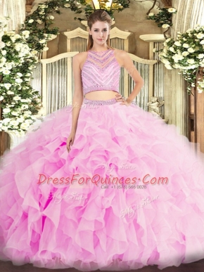 Decent Scoop Sleeveless Quinceanera Dresses Floor Length Beading and Ruffles Lilac Tulle