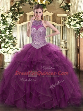 Burgundy Sleeveless Beading Floor Length 15th Birthday Dress