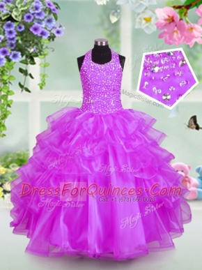 Flare Halter Top Lilac Sleeveless Floor Length Beading and Ruffled Layers Lace Up Flower Girl Dresses for Less