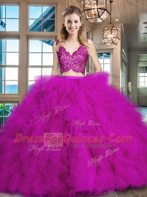 Stunning Lace and Ruffles Quince Ball Gowns Fuchsia Zipper Sleeveless Brush Train