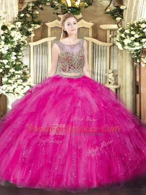 Two Pieces Quinceanera Dress Hot Pink Scoop Tulle Sleeveless Floor Length Lace Up