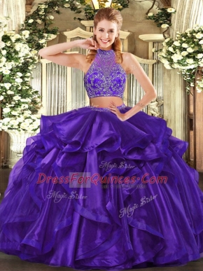 Sleeveless Floor Length Beading and Ruffled Layers Criss Cross Sweet 16 Dresses with Purple